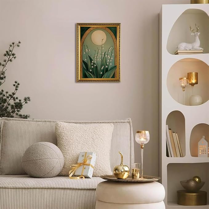 WZGZXU Vintage Gold Framed Wall Art Nouveau Botanical Wall Decor Lily Of The Valley Canvas Art Boho Pictures Floral And Moon Painting Moody Flowers Prints For Living Room Bedroom Bathroom