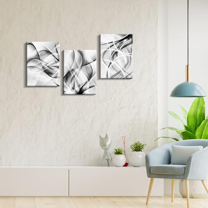 Creoate Black and White Grey Wall Art for Bedroom, 3 Panels Abstract Lines Art Canvas Print Artwork Set Modern Home Decoration for Bathroom Living Room, 12x16 Inches