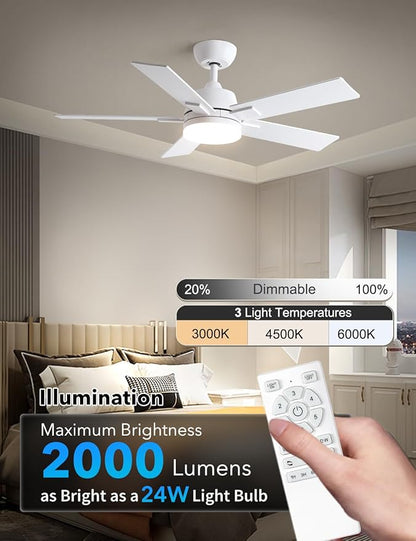 Rayqueen 42 Inch Ceiling Fans with Lights and Remote, 6 Speed Reversible DC Motor, 3CCT Dimmable LED, 5 Blades, White Modern Ceiling Fan for Bedroom, Living Room & Covered Outdoor, Includes Downrod