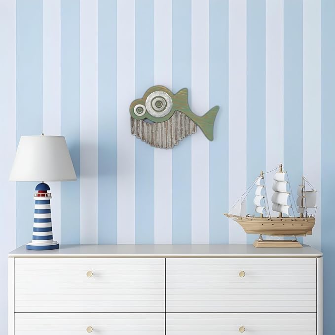 Driftwood Fish Nautical Wall Decor - Handmade Wooden Rustic Coastal Wall Art for Living Room, Bedroom, Office, Bathroom - Ocean Beach Decoration (Ratchet)