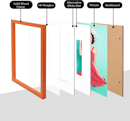 KINLINK 12x16 Picture Frame Orange, Solid Wood Frames with Acrylic Plexiglass for Pictures 11x14/9x12 with Mat or 12x16 without Mat,Wall Display Photo Frame, Set of 4