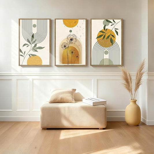 ANHUIB Boho Minimalist Canvas Wall Art 24x36 Inch Dandelion Plant Wall Decor Modern Geometric Artwork Abstract Line Botanical Painting Set of 3 for Living Room Bedroom Dining Room