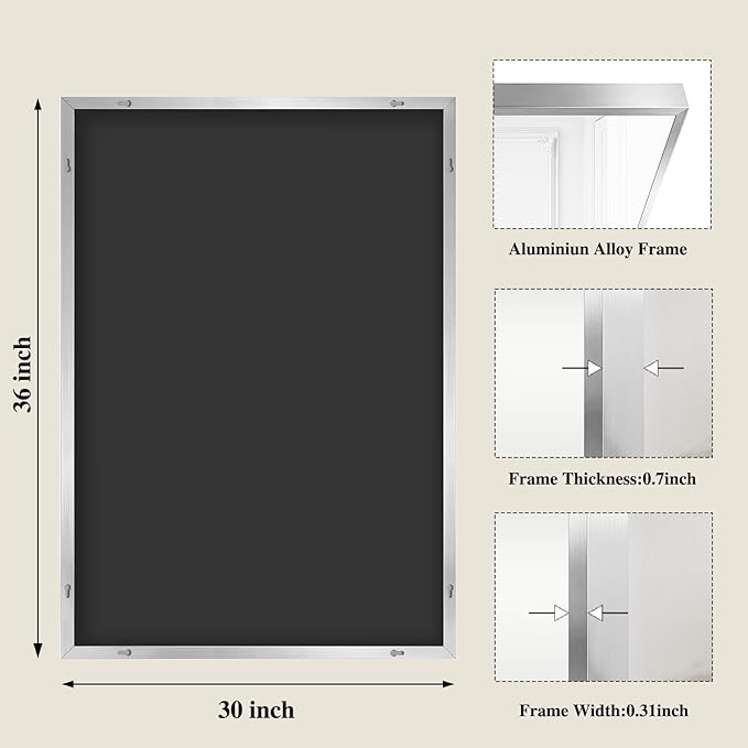 Koonmi Silver Rectangle Wall Mirror, 30x36 Inch Bathroom Mirror, Aluminum Frame Vanity Mirror for Entryway, Living Room, Bedroom Bathroom, Hangs Horizontally or Vertically