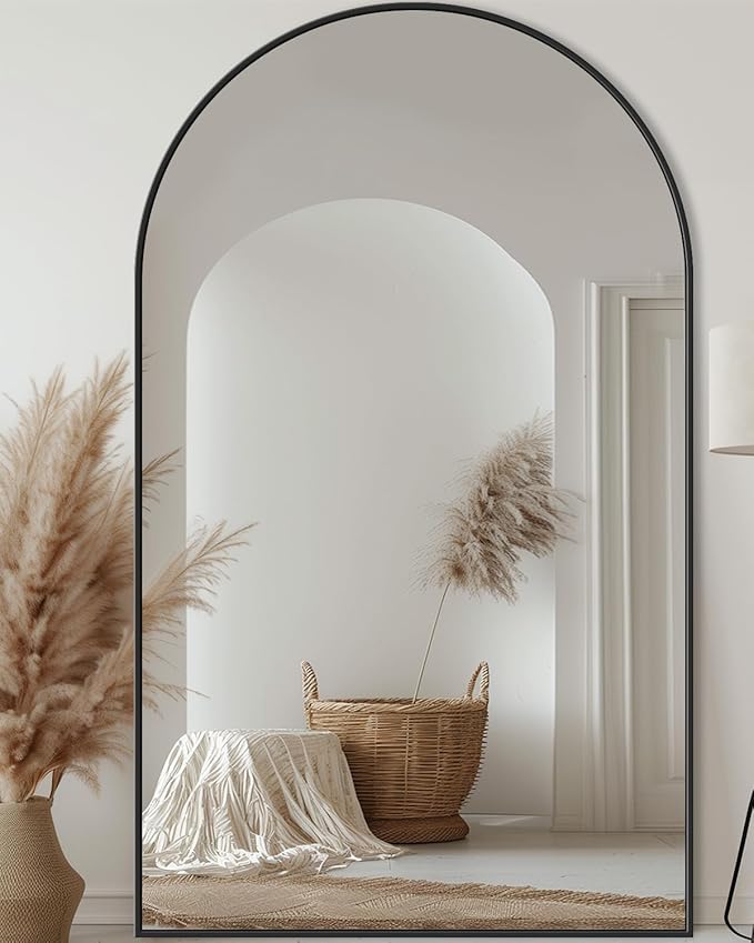 Antok 72" x44” Arched Full Length Floor Mirror, Black Aluminum Frame, Free Standing/Wall Mount/Leaning for Bedroom, Living Room, Dressing Room
