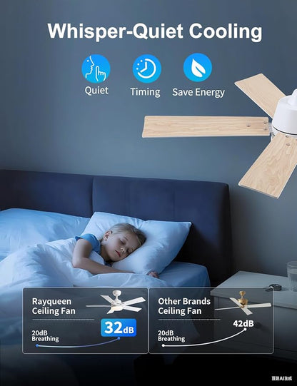 Rayqueen 42 Inch Ceiling Fans with Lights and Remote, 6 Speed Reversible DC Motor, 3CCT Dimmable LED, 5 Blades, White Modern Ceiling Fan for Bedroom, Living Room & Covered Outdoor, Includes Downrod