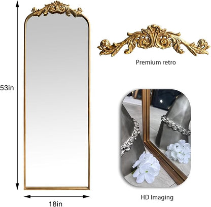 OUSHUAI Large Gold Antique Mirror, Tall Arched Floor Mirror,Ornate Design Vintage Wall Mirror Decor for Entryway,Hallway,Living Room,Fireplace 18"X53"