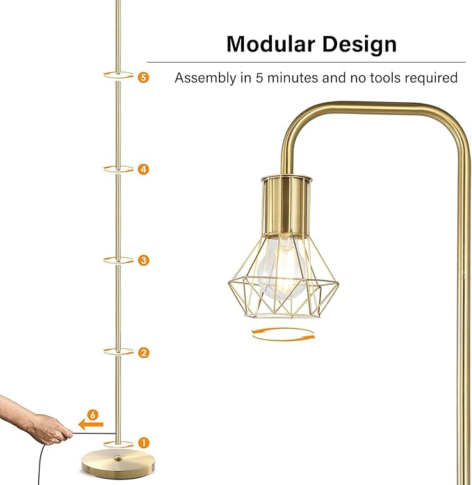 BoostArea Gold Floor Lamp, Industrial Floor Lamp, Minimal Standing Lamp, E26 Socket, On/Off Footswitch, Whole Metal, Modern Small Simple Stand Up Lamp for Bedroom Living Room, Vintage, Mid Century