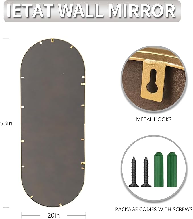 Antique Gold Full Length Mirror Vintage Oval Full Body Mirror Hanging Dressing Beaded Wall Mounted Mirror Decorative Wall Mirrors for Entryway Bedroom 53"X20"