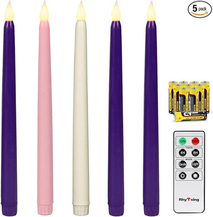 Rhytsing 10.8" Advent Flameless Taper Candles with Timer, Battery Operated Christmas Led Candlestick, Smooth Wax Finish, Warm White LED, Remote & Batteries Included - Set of 5
