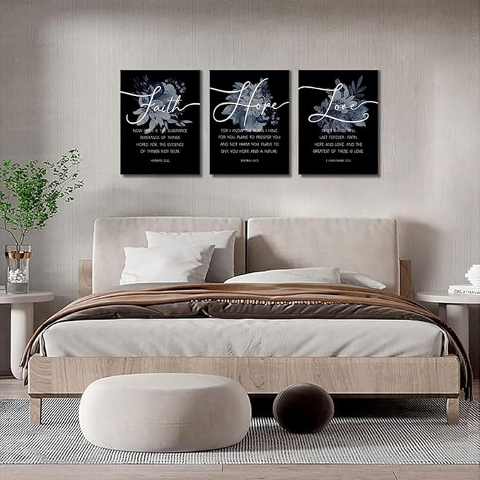 Faith, Hope & Love Bible Verse Inspirational Wall Art, Christian Canvas, A Great Religious Decor Gift for Living Room & Bedroom, (29 x 38cm x 3pcs) Framed (Black)