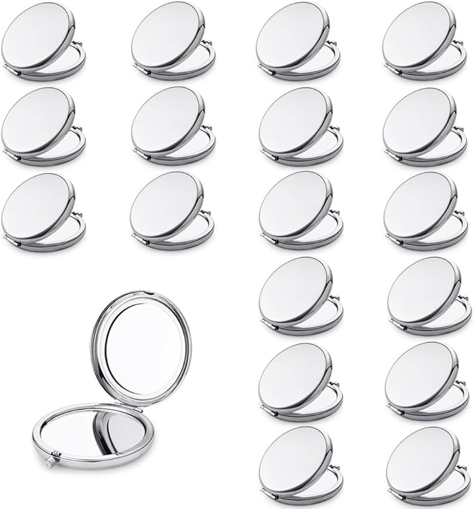 Compact Mirror for Purse, Metal Round Shell, Double-Sided 1X/2X Magnifying, Portable Travel Small Makeup Mirror, Mini Pocket Mirror, Sliver, 18 Pack