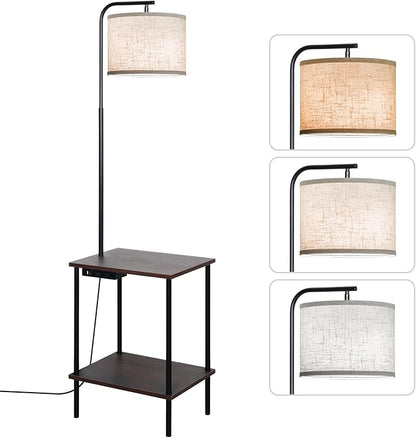 EOEYYOYB Floor Lamp with Table, End Table Lamp with USB Charging Port Power Outlet and Shelves, Side Table Reading Light with 3 Color Temperature Led Bulb Included, Floor Lamps for Living Room, Walnut