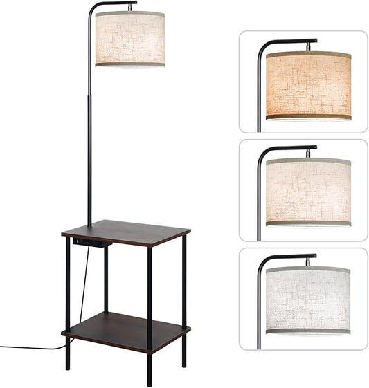 EOEYYOYB Floor Lamp with Table, End Table Lamp with USB Charging Port Power Outlet and Shelves, Side Table Reading Light with 3 Color Temperature Led Bulb Included, Floor Lamps for Living Room, Walnut