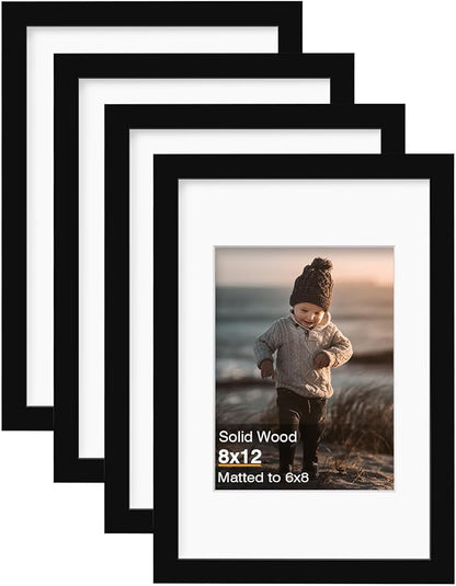 KINLINK 8x12 Picture Frame Black, Solid Wood Frames with Acrylic Plexiglass for Pictures 6x8 with Mat or 8x12 without Mat, Tabletop and Wall Display Photo Frame, Set of 4