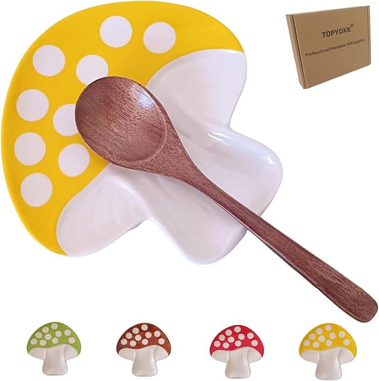 Ceramic Spoon Rest for Stove Top & Kitchen Counter Spoon Holder for Stove & Cooking Spoon Holder for Ladle Cute Spoon & Utensil Rest Tong Spatula Rest, Mushroom Kitchen Decor & Accessories (Yellow)