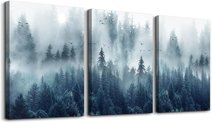 Misty Forests 3-Piece Framed Canvas Wall Art - Trees Landscape Pictures for Living Room, Bedroom, Office - Modern Wall Posters Home Decor