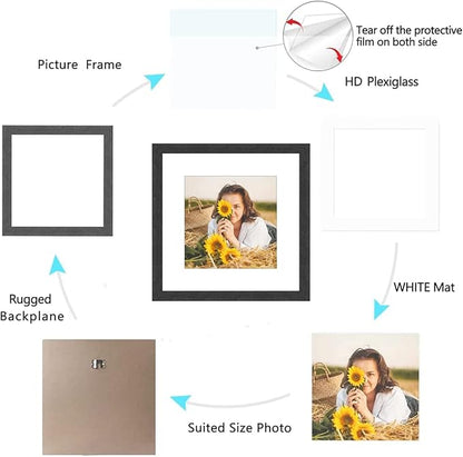 12x12 Picture Frame Rustic Black Wood Set of 6,Display Square Pictures 8x8 with Mat or 12x12 Without Mat,Multi Photo Frames Collage for Wall - Gallery Wall Frame Set