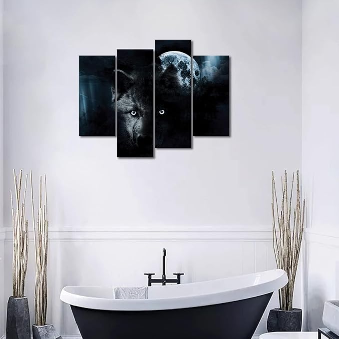 4 Panel Wall Art Black Wolf and Full Moon Painting The Picture Print On Canvas Animal Pictures for Home Decor Decoration Gift Piece (Stretched by Wooden Frame,Ready to Hang)