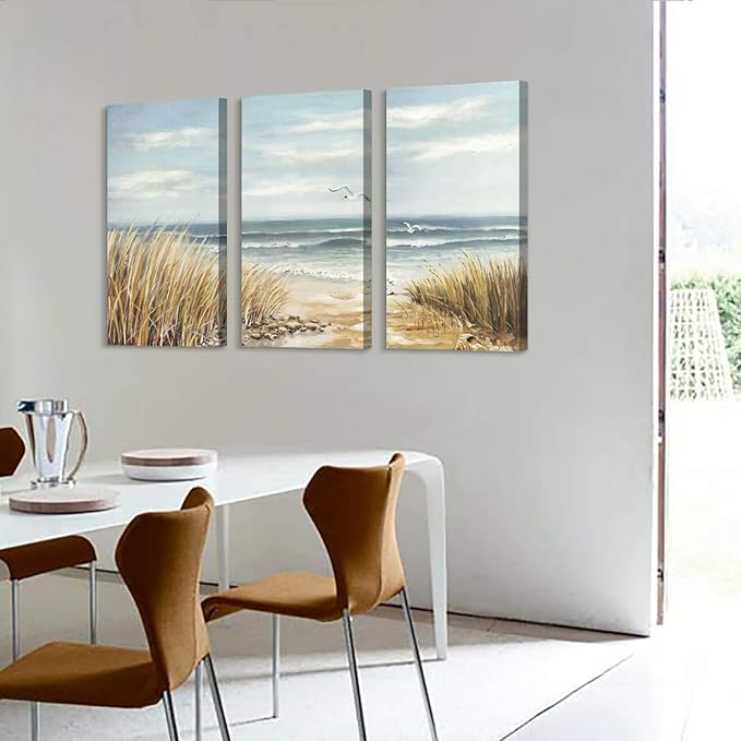 Abstract Beach Canvas Wall Art: Seashore Grasses Artwork Print Seascape Painting for Walls (26'' x 16'' x 3 Panels)