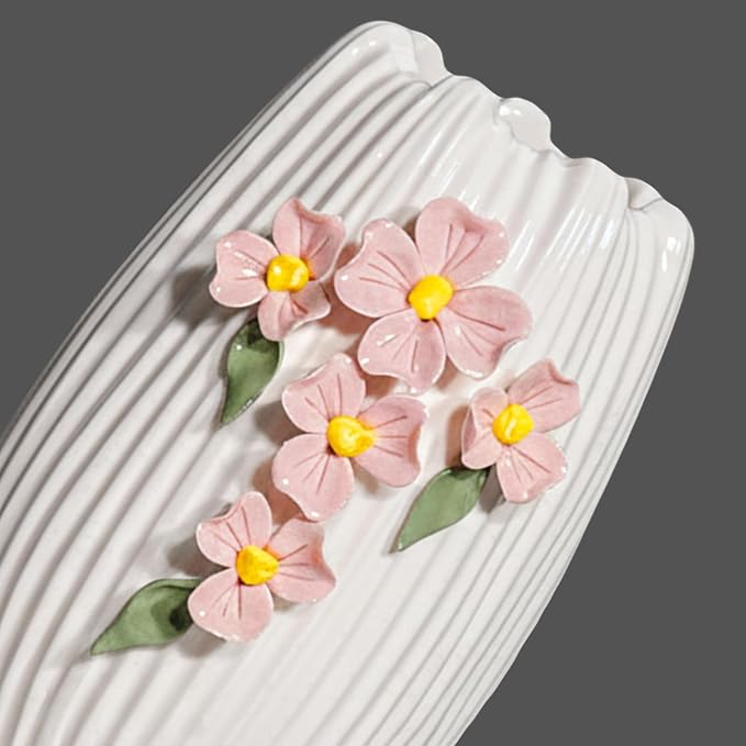 White Ceramic Flower Vase, 7 Inch Small Boho Vase for Pampas Grass, 3D Floral Modern Vases Home Decor, Wedding, Valentine, Dining Table Decoration, Bedroom Decor