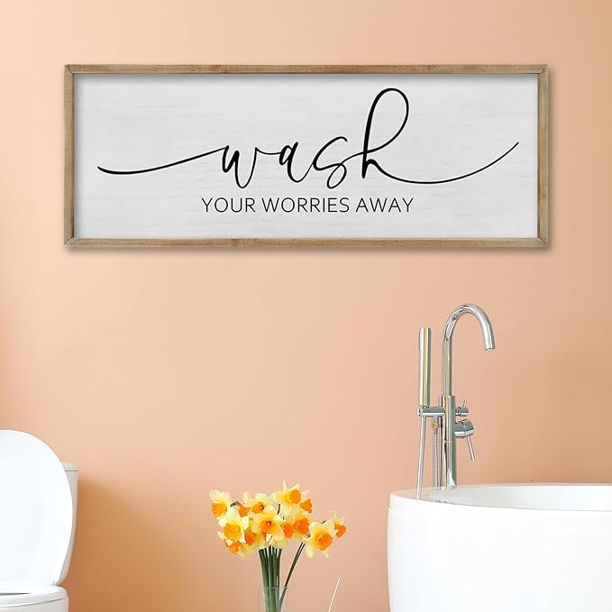 FZMHASLWW Funny Laundry Room Bathroom Wall Decor Wash Your Worries Away Sign 40"×15" Inspirational Quote Art for above the Bathtub Restroom Large Minimalist Wood Framed Hanging Plaqu (Wood)