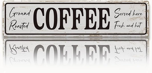 Coffee Signs for Coffees Corner Decor, Ground Roasted Coffee Served Here Sign, Retro Metal Tin Sign, Farmhouse Kitchen Wall Decor, Cafe Decoration, Decorative Metal Wall Signs 15.8x4 Inches