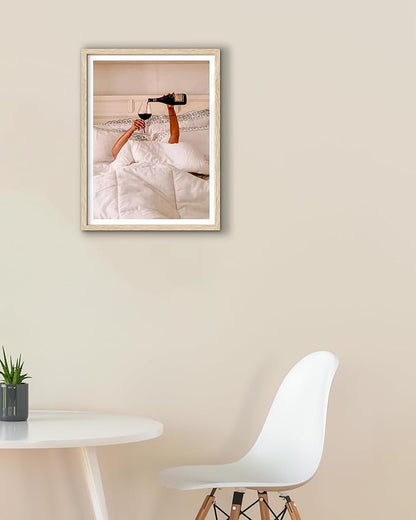 EcoHest Unframed Woman Drinking Wine in Bed Wall Art, 12x16 in OAK Wood Feminist Alcohol Canvas Art, Trendy Teen Girl Bar Cart Print College Room Decor, Beige Logs Set of 1 For Bedroom Living Room
