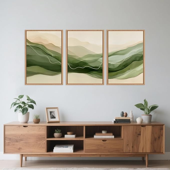 Large Abstract Smoke Waves Framed Canvas Wall Art Set,Ink Minimalist Green Beige Wall Decor,Watercolor Modern Neutral Lines Artwork for Living Room,Bedroom,Office-24 x36 x3