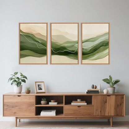 Large Abstract Smoke Waves Framed Canvas Wall Art Set,Ink Minimalist Green Beige Wall Decor,Watercolor Modern Neutral Lines Artwork for Living Room,Bedroom,Office-24 x36 x3