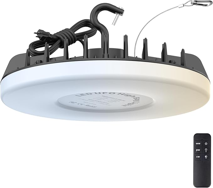 LED Shop Lights 150W - 18000LM UFO LED High Bay Light with 3 CCT Adjustable, 10%-100% Dimmable Remote Control IP65 Waterproof Garage Lighting for Workshop Warehouse Gym Basement