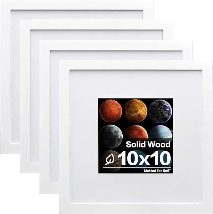 Egofine 10x10 Picture Frames White,Made of Solid Wood with HD Plexiglass for Pictures 6x6 with Mat or 10x10 without Mat, Tabletop and Wall Mounting Display, Set of 4