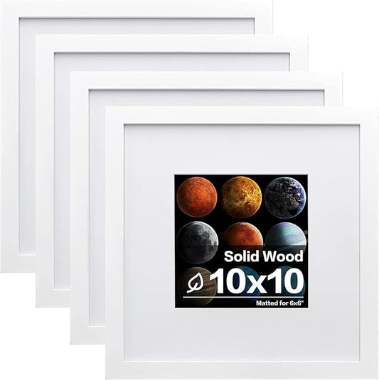 Egofine 10x10 Picture Frames White,Made of Solid Wood with HD Plexiglass for Pictures 6x6 with Mat or 10x10 without Mat, Tabletop and Wall Mounting Display, Set of 4