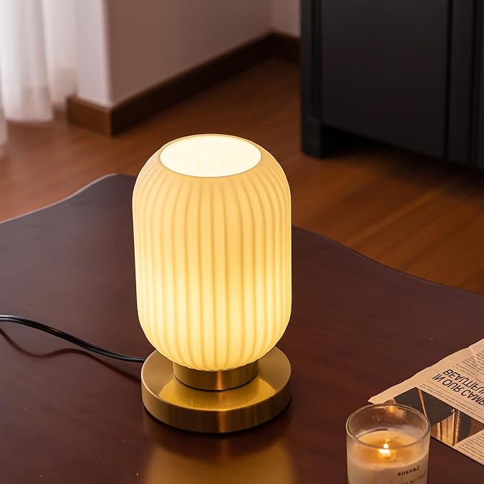 Bedside Table Lamp with Glass Shade, Small Nightlight Lamp Elegant Milky White Glass Nightstand Lamp Modern Desk Lamp with Plug-in Style for Bedroom Living Room Tabletop Dia5.9 x H9.8