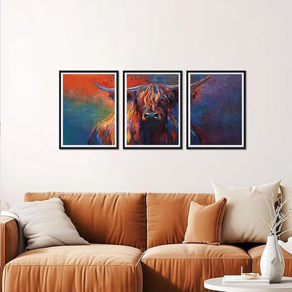Colorful Highland Cow Framed Canvas Wall Art Set of 3 Vibrant Abstract Cow Decor for Office Nursery Living Room Bedroom Funny Farmhouse Cow Print Artwork Wall Decor Easy to Hand 12x16inchx3pcs