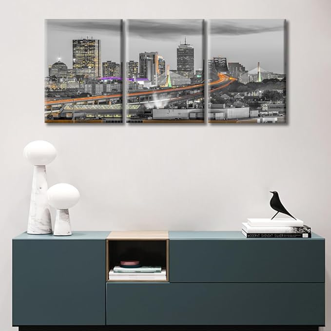 TUMOVO Boston Massachusetts Skyline Canvas Paintings Office Decor Bridges and Highways at Dusk Wall Decor 3 Pieces City Skyline Wall Decor for Bedroom, Living Room.Ready to Hang (36" Wx16 H)