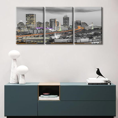 TUMOVO Boston Massachusetts Skyline Canvas Paintings Office Decor Bridges and Highways at Dusk Wall Decor 3 Pieces City Skyline Wall Decor for Bedroom, Living Room.Ready to Hang (36" Wx16 H)