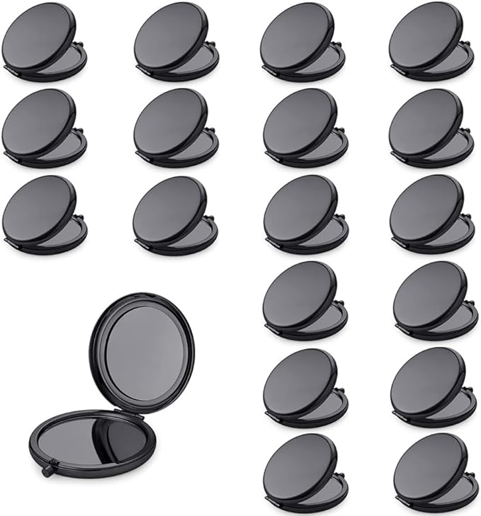 Compact Mirror for Purse, Metal Round Shell, Double-Sided 1X/2X Magnifying, Portable Travel Small Makeup Mirror, Mini Pocket Mirror, Black, 18 Packs