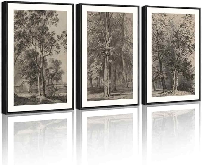 PHOPAGO Vintage Tree Framed Wall Art Retro Forest Wall Decor Nature Wilderness Sketch Paints Modern Bedroom Living Room Decor - 11x14in Black Framed
