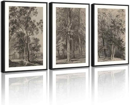 PHOPAGO Vintage Tree Framed Wall Art Retro Forest Wall Decor Nature Wilderness Sketch Paints Modern Bedroom Living Room Decor - 11x14in Black Framed