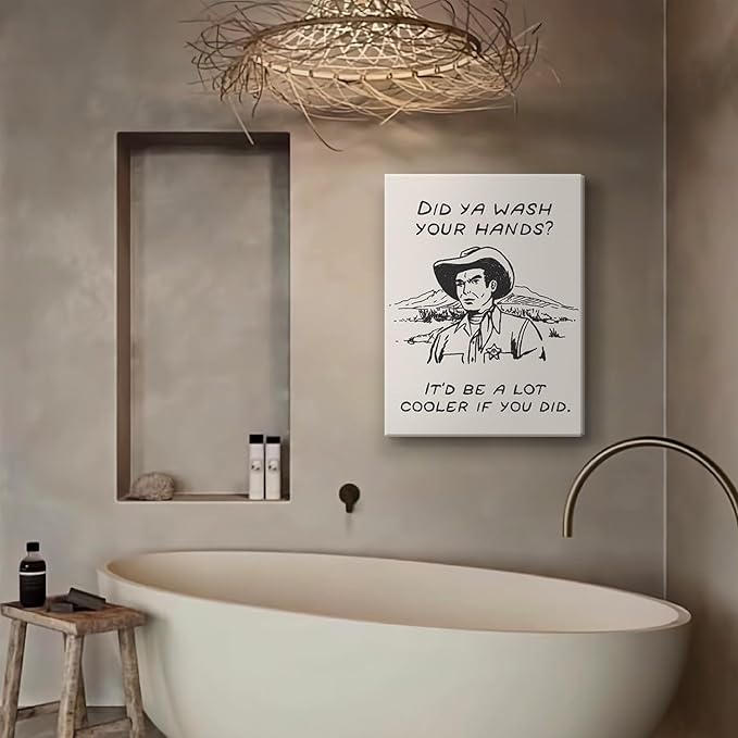Framed Retro Black and White Cowboy Kitchen Wall Art Did You Wash Your Hands Canvas Prints Cute Bathroom Humor Pictures Trendy Decor Posters Paintings Western Home Wall Decor (16x24in Framed)