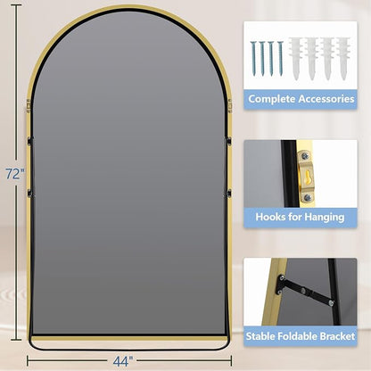 Arched Full Length Mirror with Stand, 72"X44" Oversized Floor Mirror Freestanding, Extra Large Gold Full Length Body Mirror for Bedroom Living Room, Shatterproof Tempered Glass