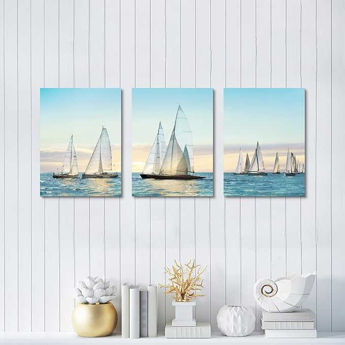 Hardy Gallery sailboat wall art coastal pictures: nautical wall decor sailing artwork blue ocean print in canvas painting for bathroom 12" x 16" x 3 panels