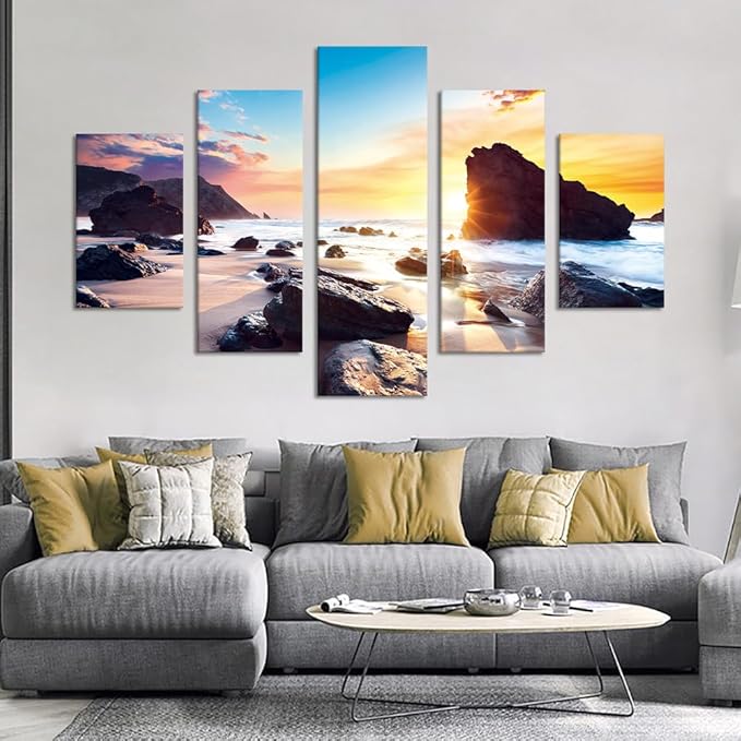 Sunset Beach Rocks Landscape Wall Art Set Sea Scene Picture Modern Painting on Canvas Framed Wall Artwork for Living Room Bedroom Kitchen Home Decor Giclee Print Ready to Hang-60''W x 40''H