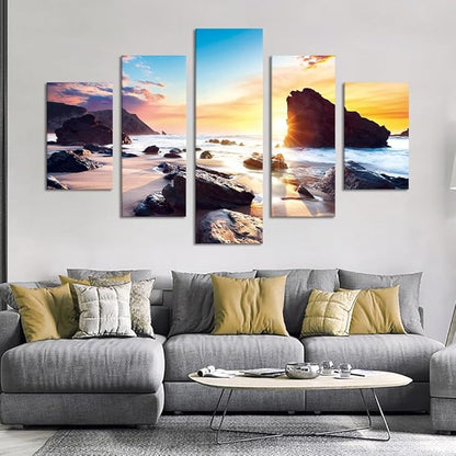 Sunset Beach Rocks Landscape Wall Art Set Sea Scene Picture Modern Painting on Canvas Framed Wall Artwork for Living Room Bedroom Kitchen Home Decor Giclee Print Ready to Hang-60''W x 40''H