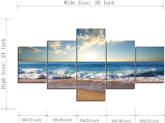 Beach Ocean Wave Pictures Wall Art for Living Room Home Decor Framed Stretched Modern Landscape Seascape Painting on Canvas 5 Piece (50" W x 24" H)