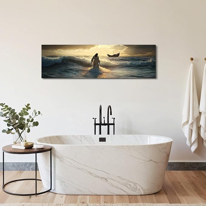 Jesus Walking on Water Wall Art Christian Picture Wall Decor for Living Room Bedroom Vintage Christ Religion Poster Canvas Prints Abstract Sunset Ocean Panoramic Painting Artwork Home Decorations 14x48”