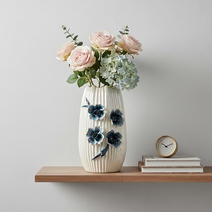 White Flower Vase - Boho Ceramic Vase for Living Room, Modern Decorative Vases Home Decor, Bathroom,Table Centerpiece, Bookshelf, Valentines Table Decor