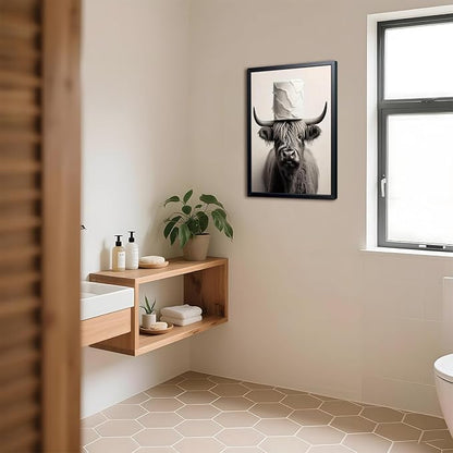 ARKZSHO Black and White Bathroom Wall Art, Funny Highland Cow Canvas Poster Print Picture, Modern Farmhouse Wall Decor Painting, Cute Animal Bathroom Restroom Home Decoration 16x24 Inch Wood Framed