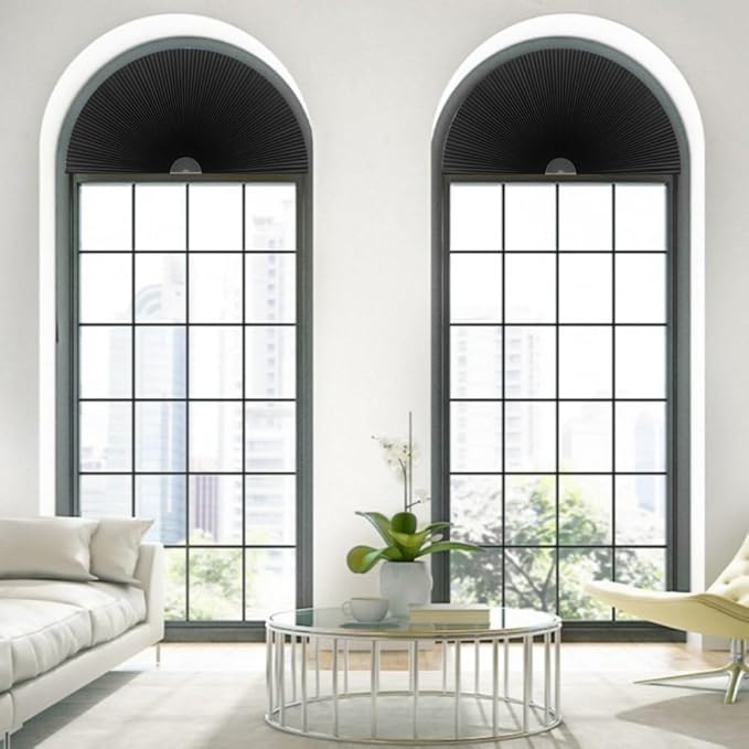 Arch Window Shade Blackout Cellular Shades Half Circle Moon Window Covering No Drill Honeycomb Cordless Blinds for Indoor Window Room Darkening Easy Install Light Blocking Blinds (1, Black, 72x36inch)