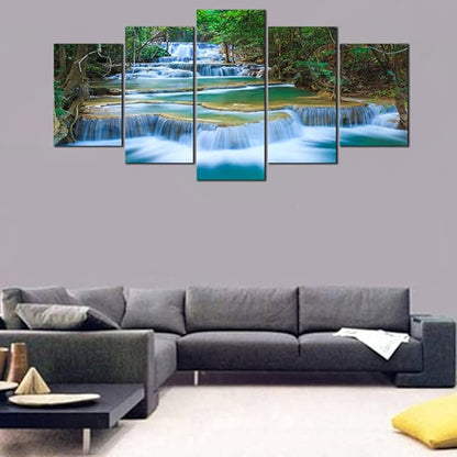 Wieco Art 5 Panels Peaceful Waterfall Giclee Canvas Prints Wall Art Paintings for Wall Decor Dining Room Kitchen Extra Large Modern Gallery Wrapped Artwork Green Landscape Pictures on Canvas XL